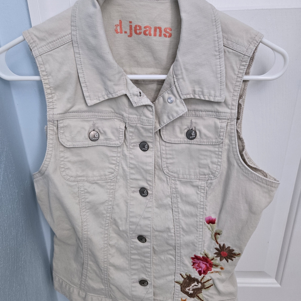 Women's Thin Corduroy D. Jeans Off-White Embroidered Vest, Size M